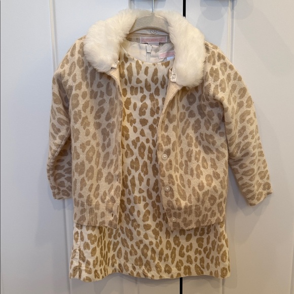 Janie and Jack Other - Janie and Jack Tan Leopard Print Velvet dress & matching Faux Fur cardigan